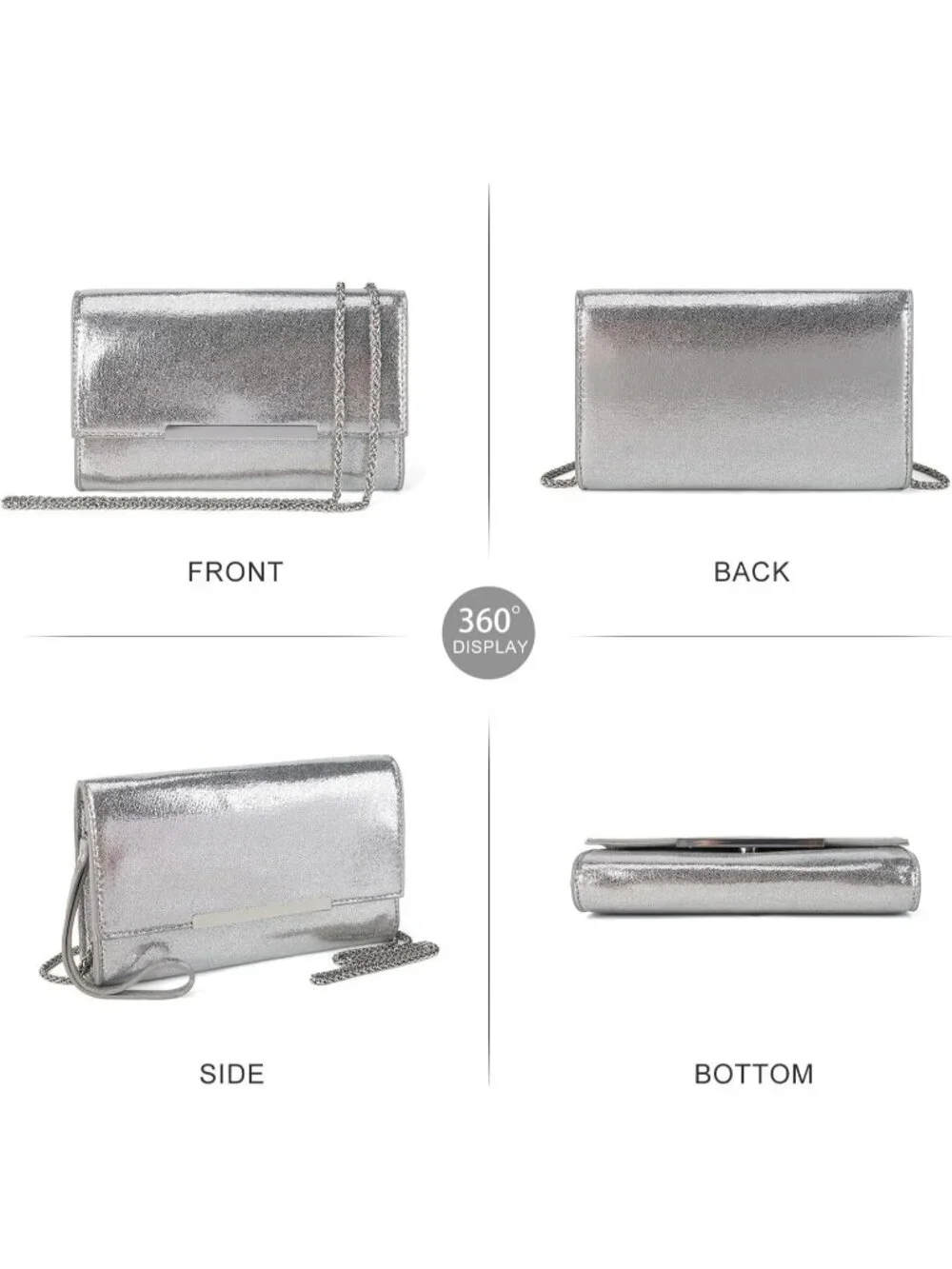 Women’s Shiny Silver Clutch Purses Wristlet Vegan Leather Formal Evening Bag